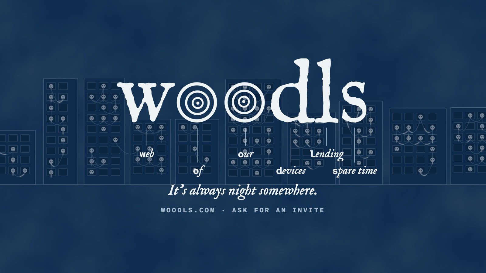 The film’s last frame: the woodls wordmark over a city at night, each letter drawn down to its word: web of our devices, lending spare time.